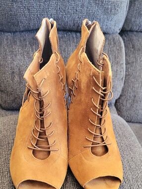 Paolo Tan Suede Lace-Up Peep-Toe Ankle Booties